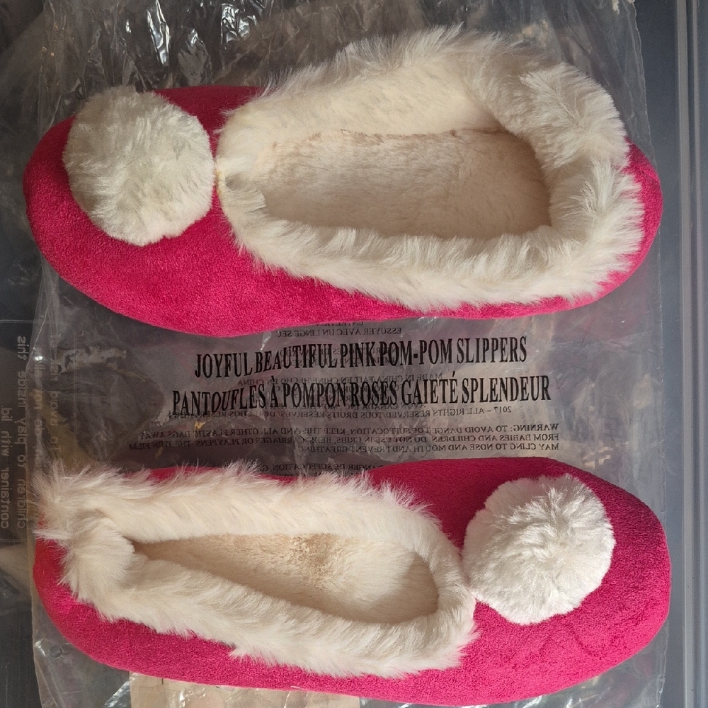 Avon Pink Slippers with Cream Pom-Poms
